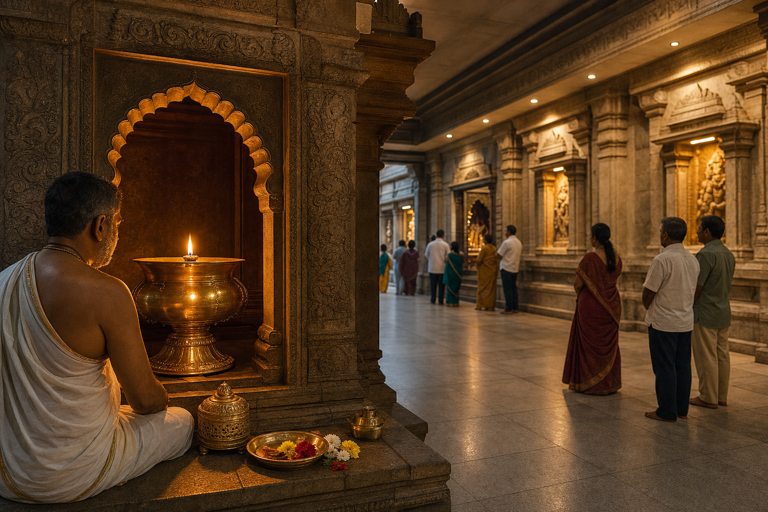 A living brass oil lamp serves as the sacred focal point while discreet electric fixtures illuminate the surrounding temple aisle.