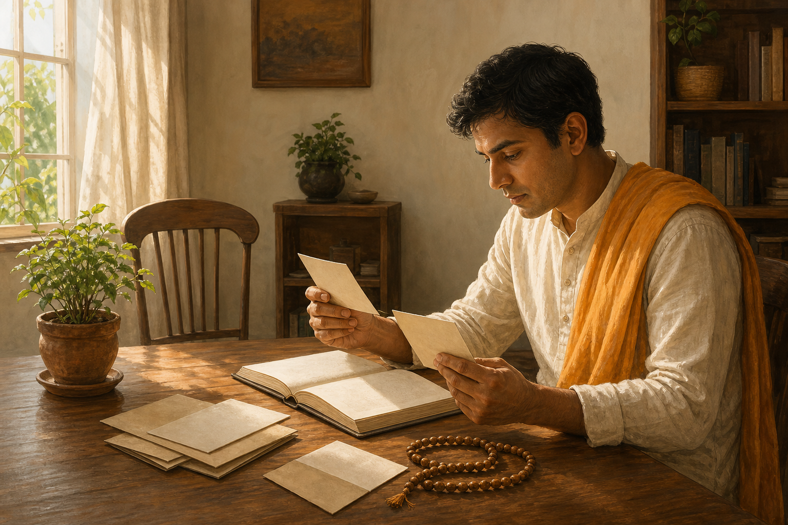 A Vaishnava reader studies preserved letters beside an open sacred book and wooden prayer beads at a sunlit desk.