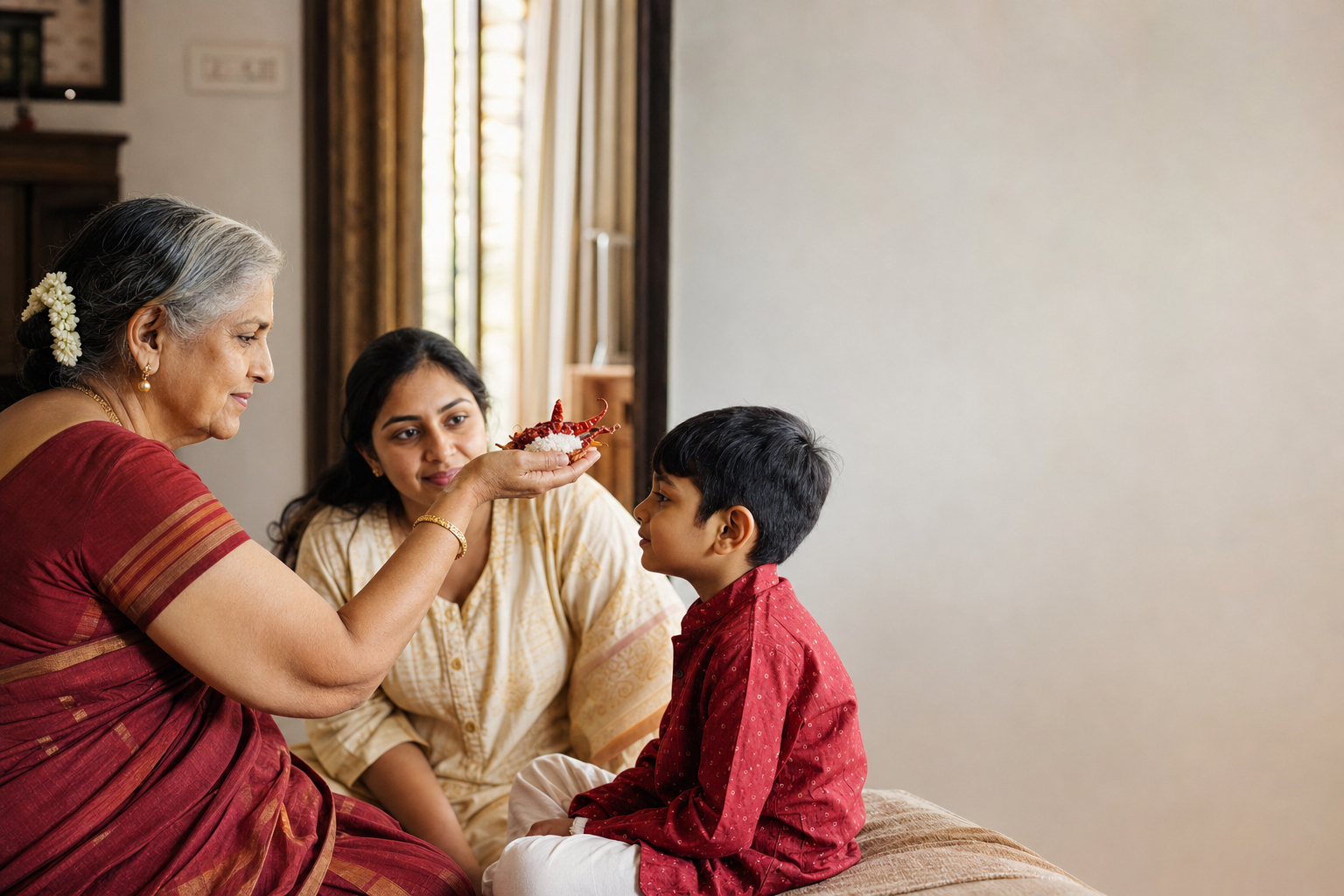An elder circles dried red chillies and salt in front of a seated child while a parent watches in a sunlit home.