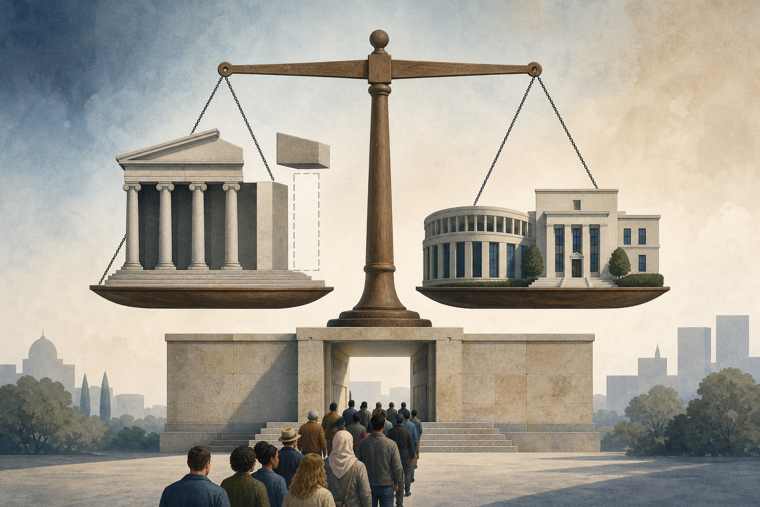 A courthouse, legislature, and executive office rest on a balance above citizens, with a missing block visible in the judicial structure.