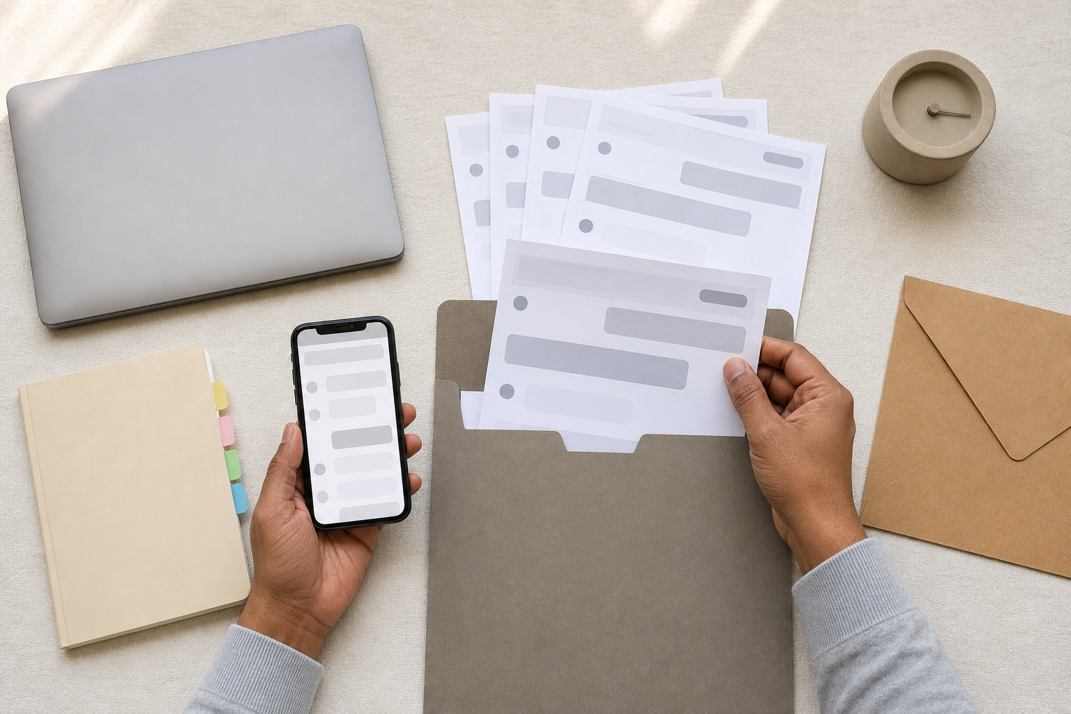 An employee organizes message screenshots, a phone, a notebook, and an envelope on a desk while preserving workplace records.