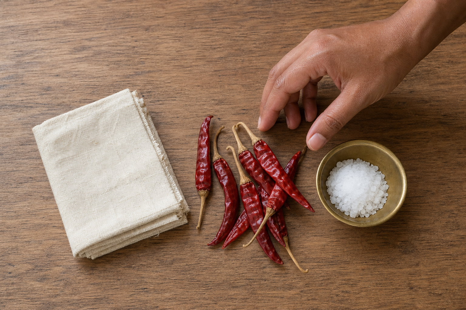 Dried red chillies, coarse salt in a brass bowl, and a small cloth arranged on a wooden surface.