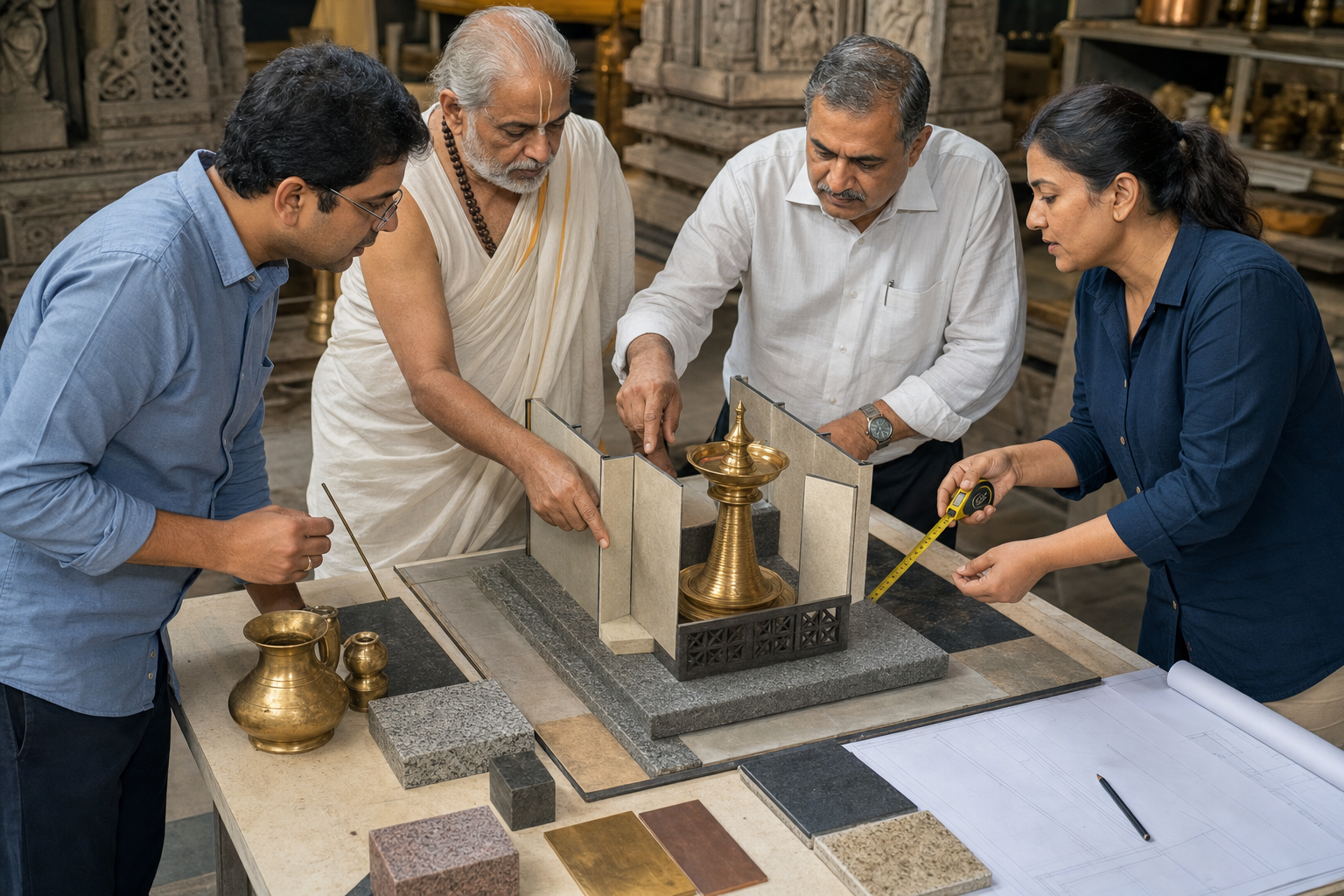 A priest, trustee, architect and fire-safety professional examine a scale model of a protected temple oil-lamp installation.