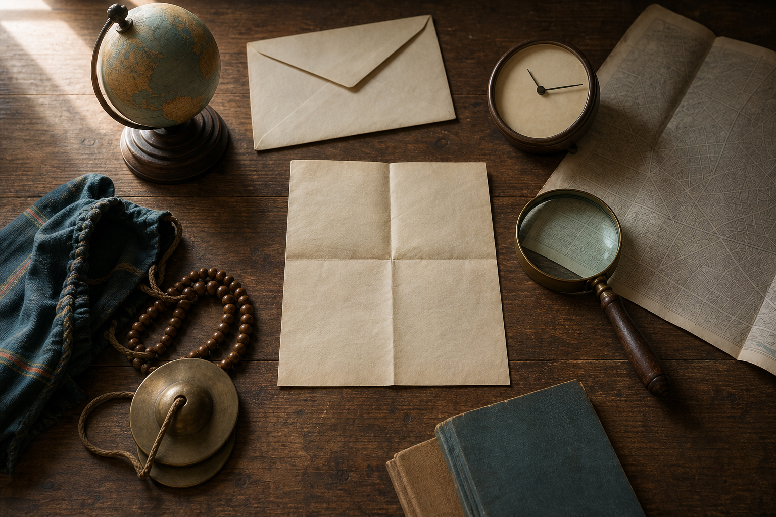 A reader keeps two bundles of old correspondence separate on an archive table, with household objects beside one bundle and devotional service objects beside the other.