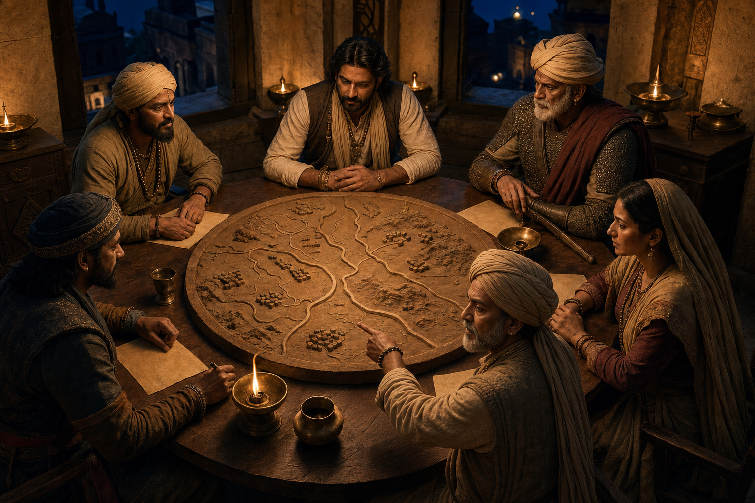 A commander and five advisers sit in a circle examining an unmarked terrain model inside a fortress council room.