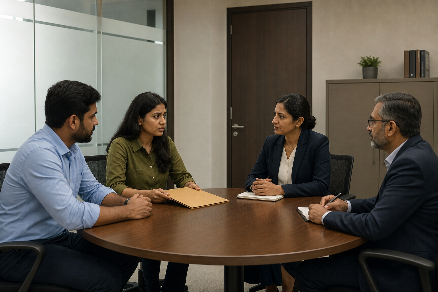 An employee and support person meet privately with an HR professional and an investigator around a round table.