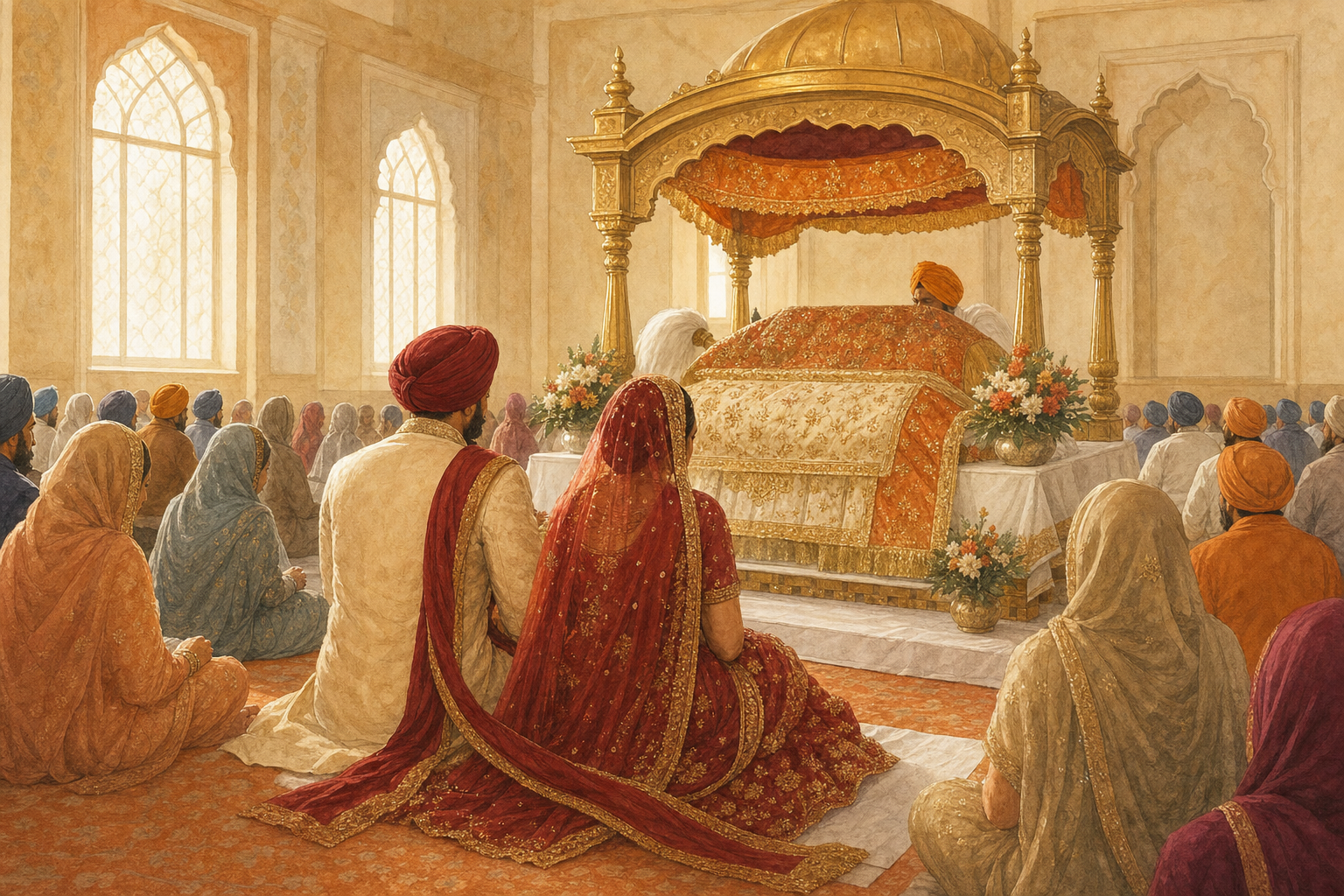 A Sikh couple with covered heads sits before Guru Granth Sahib during an Anand Karaj as the congregation gathers behind them.