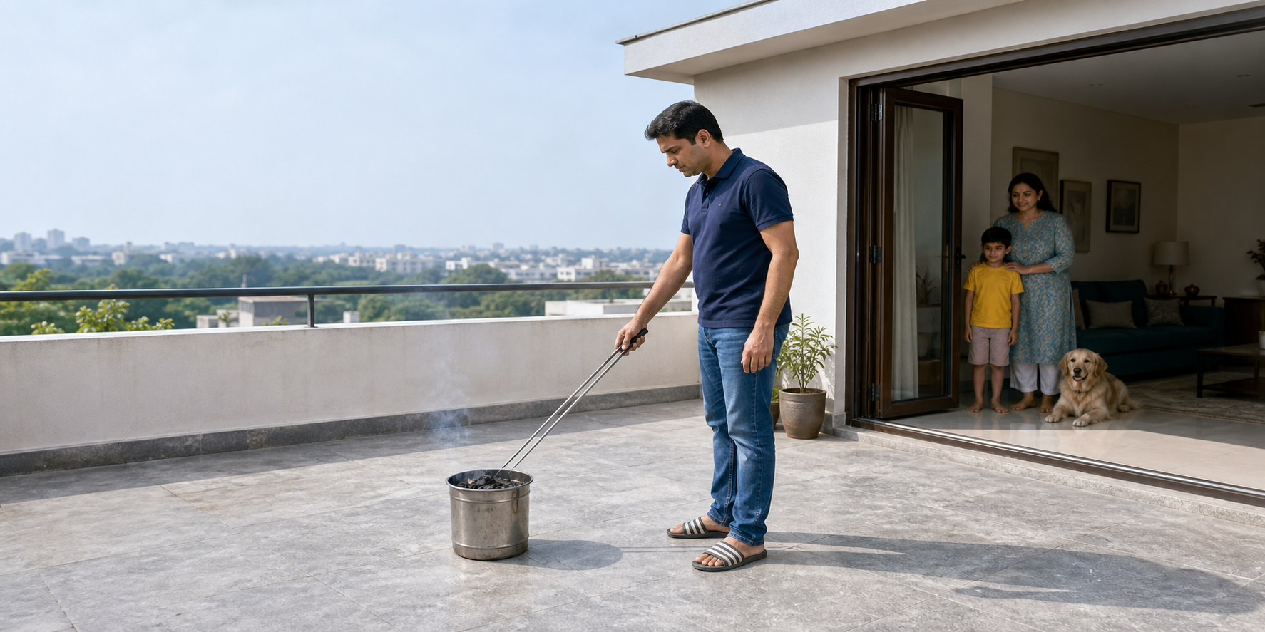 An adult uses long tongs beside a heatproof vessel on an open terrace while a child and pet remain indoors.