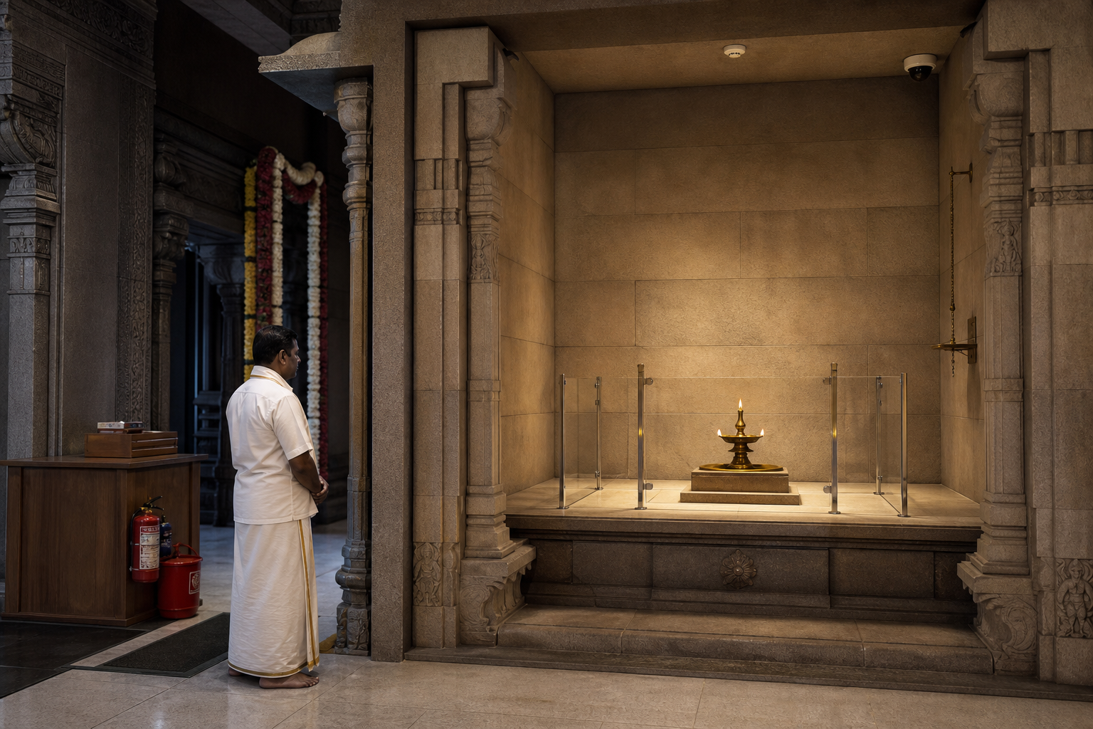 A protected brass oil lamp stands in a ventilated stone alcove with clearances, side guards, monitoring devices and an open service route.