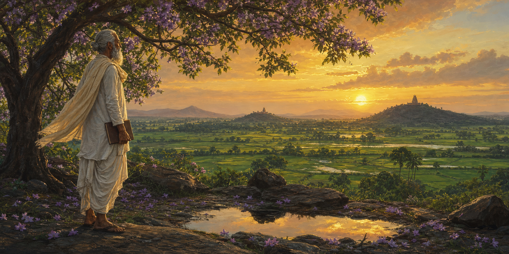An elderly Indian scholar stands beneath a flowering tree and looks across rain-washed fields toward distant hills at sunset.