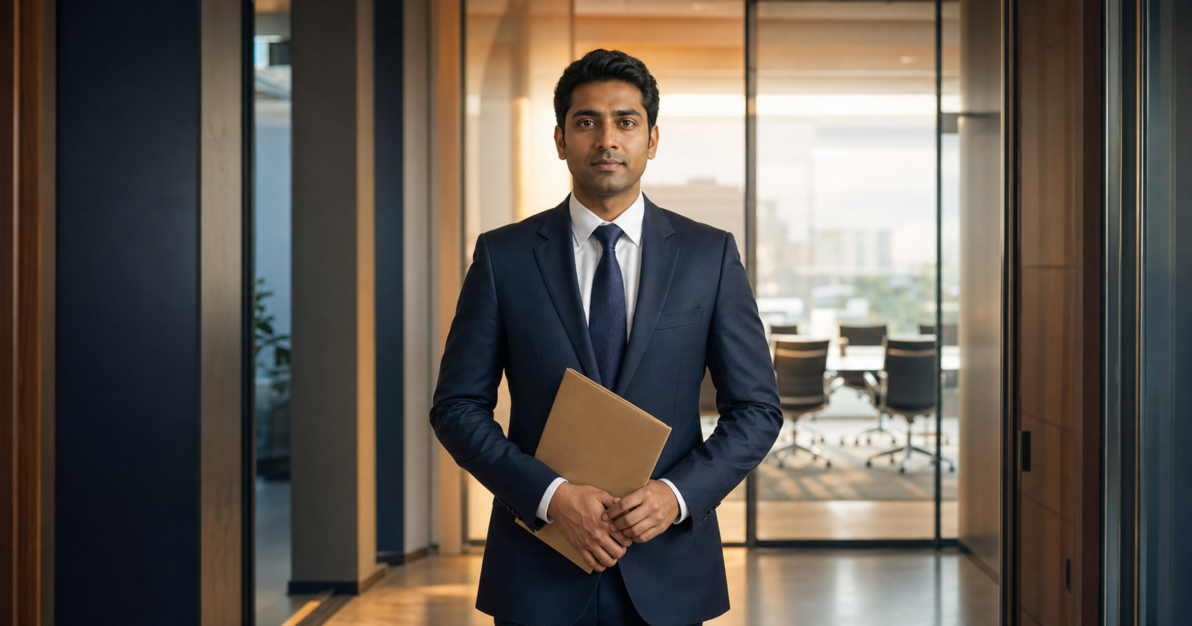 A composed professional holds a plain folder in an office corridor outside an open conference room.
