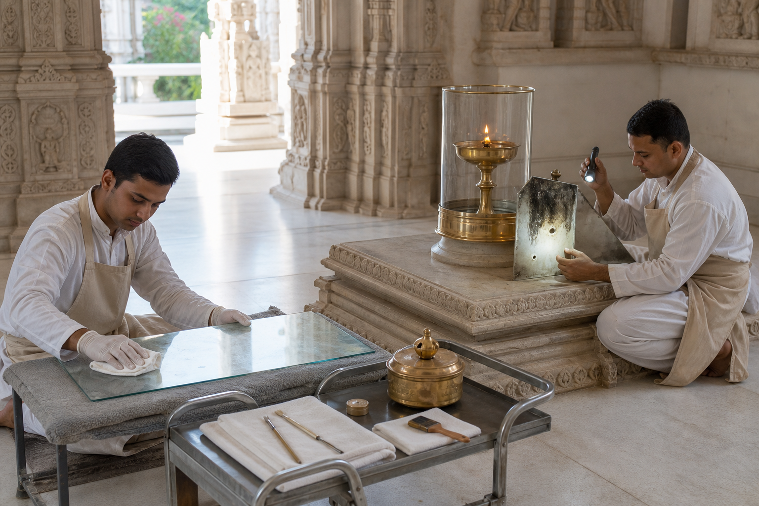 Two temple sevaks clean a removed protective panel and inspect nearby surfaces while the Akhand Jyoti burns securely on a stone base.