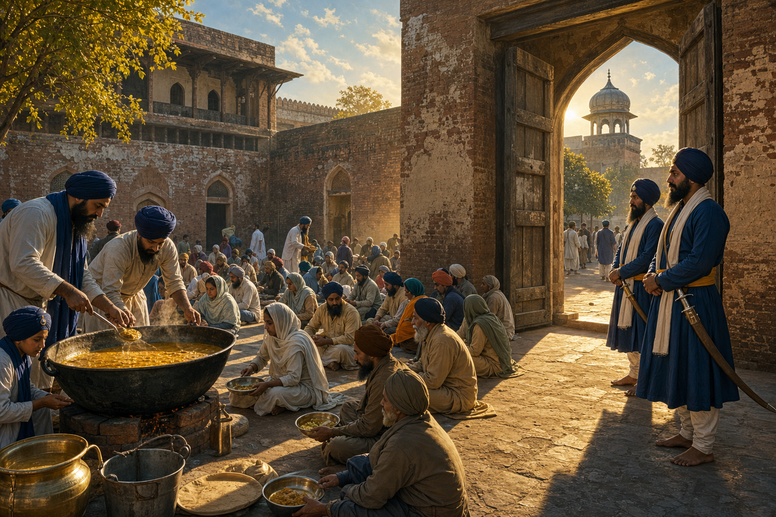 Volunteers serve a communal meal from a large cauldron while sentinels with sheathed swords guard the courtyard entrance.