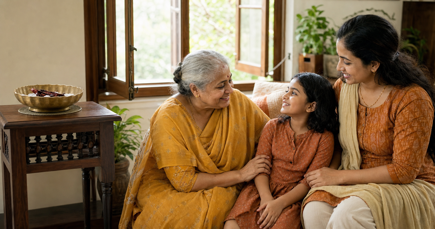 A grandmother, parent, and child sit together peacefully while a bowl of chillies and salt rests out of reach on a side table.