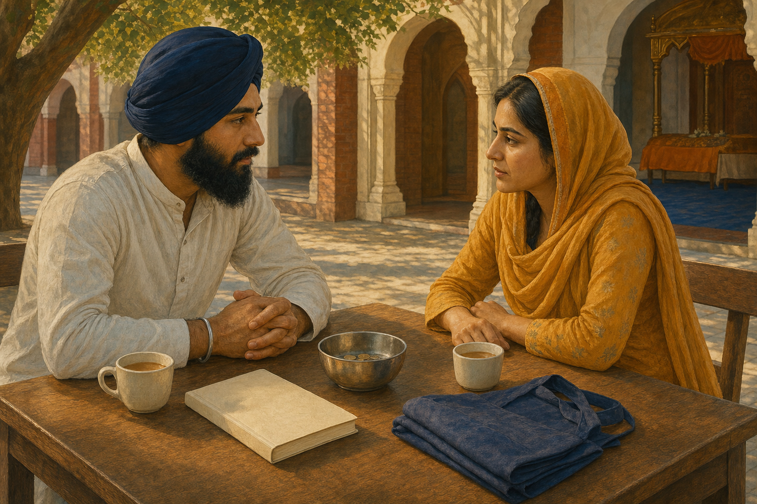 An illustrated sequence shows a Sikh couple listening, receiving the palla, walking a Laav, and sitting in prayer during an Anand Karaj.