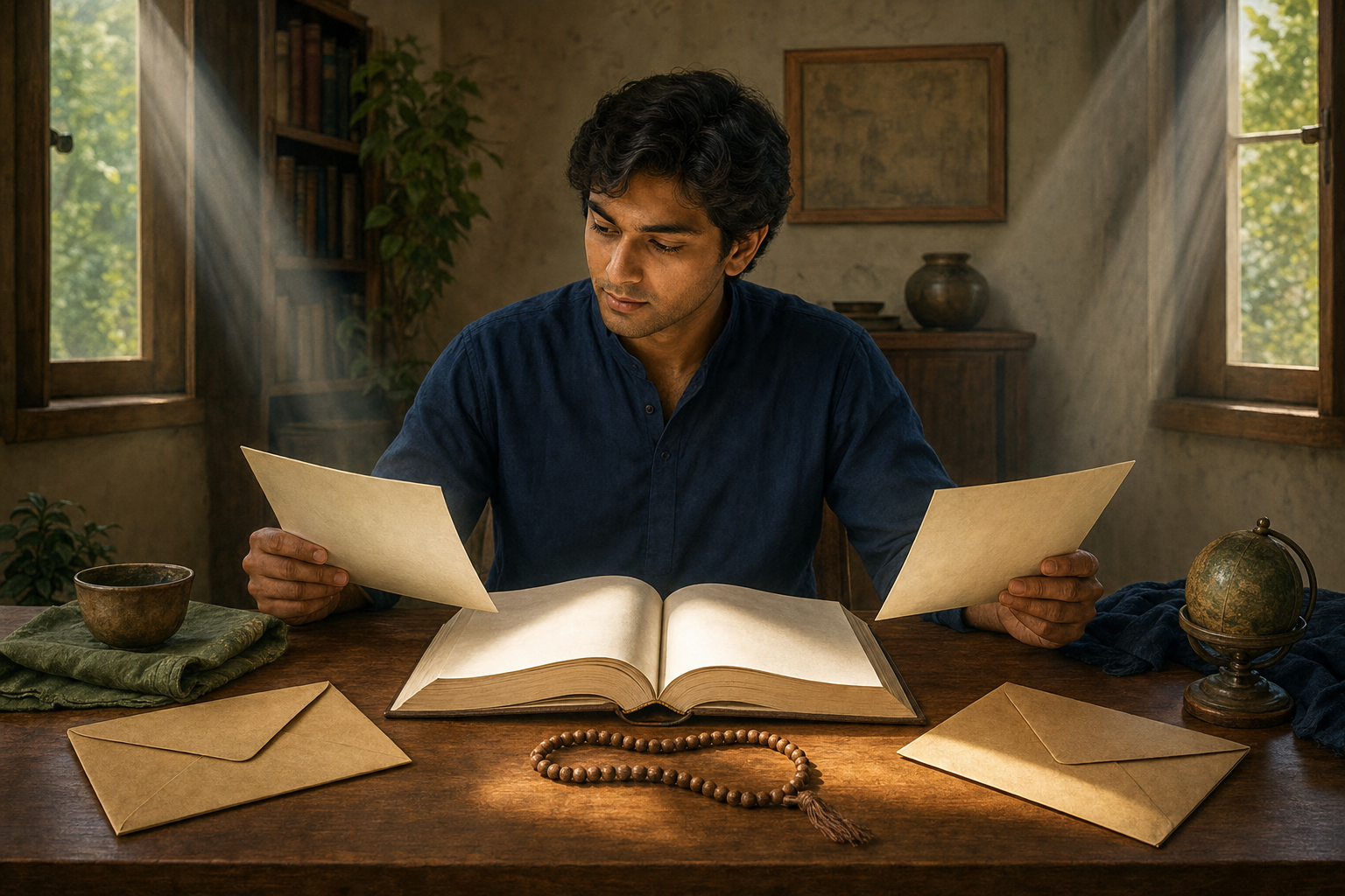 Two devotees discuss an unfolded letter beside an open sacred book, prayer beads, a brass lamp, and a sacred basil plant in a quiet prayer room.