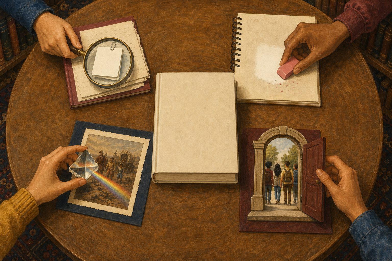 Four students use a magnifying glass, eraser, prism, and open doorway motif to examine an unprinted textbook from different angles.