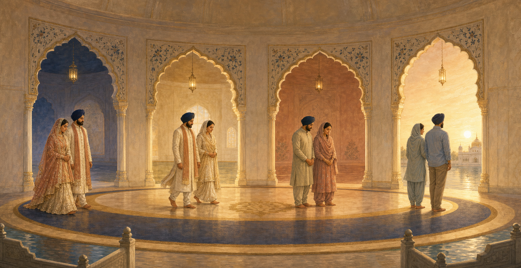 A Sikh couple progresses through four illuminated arches along a circular path, changing from wedding clothes into everyday dress.