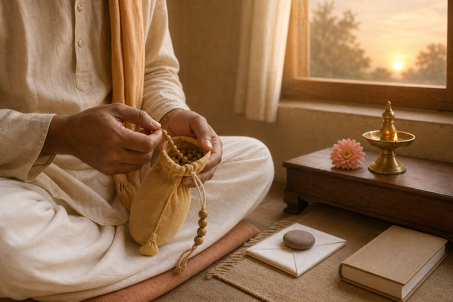 A devotee chants with prayer beads in a bead bag whose small wooden counter beads provide a simple way to track the daily practice.