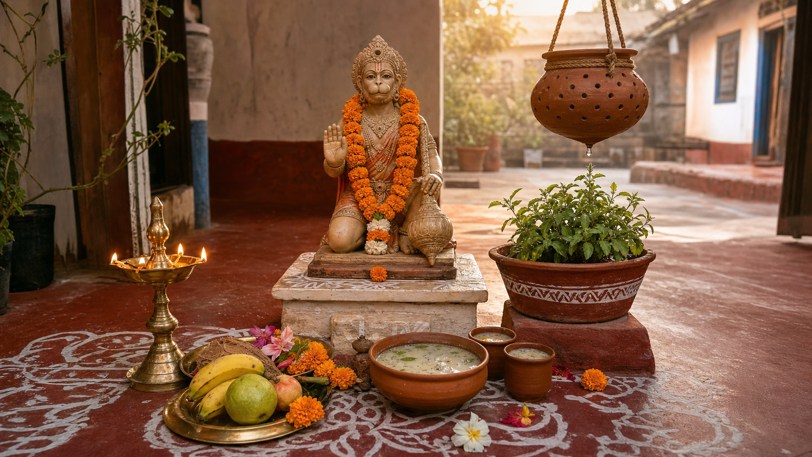 A Hanuman shrine in an Odia courtyard with an oil lamp, flowers, an earthen vessel of pana, and a dripping clay pot above a tulsi plant.