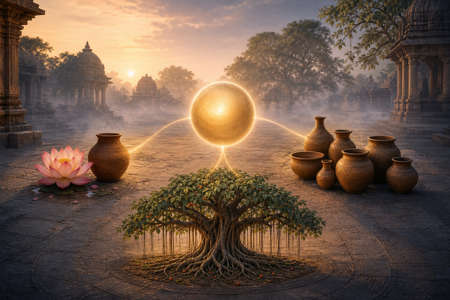 A radiant sphere is surrounded by a lotus and clay vessel, a group of clay vessels, and a banyan tree with visibly distinct parts.