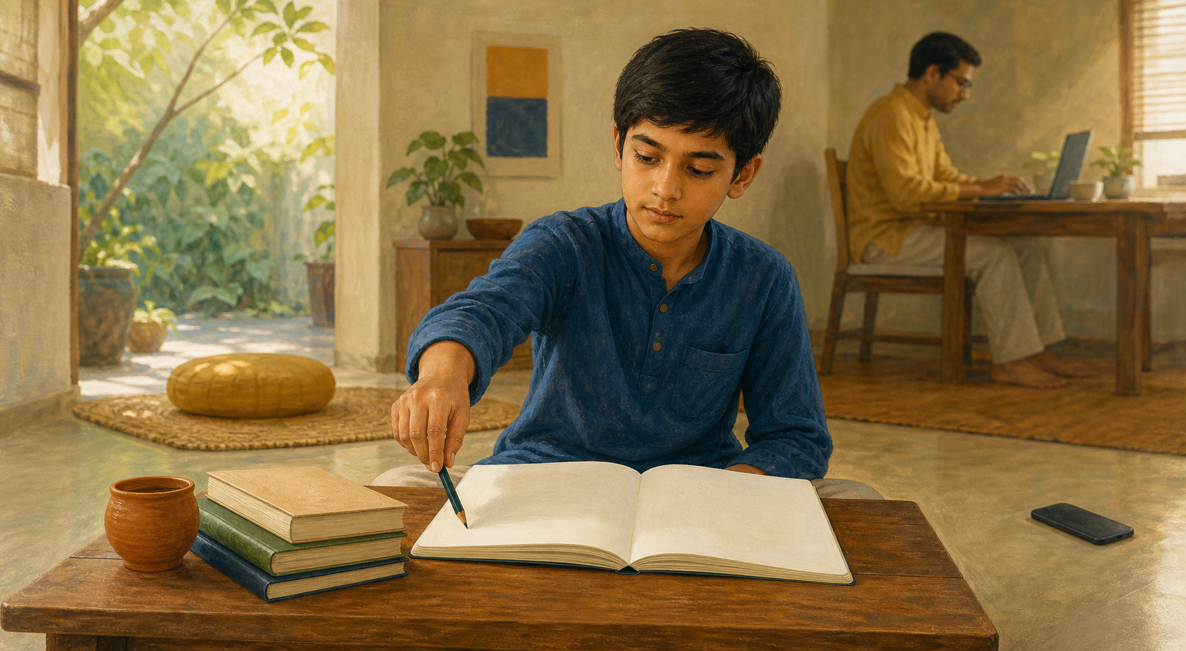 A child in a sunlit home study space returns attention to an open notebook while a smartphone lies face down across the room.