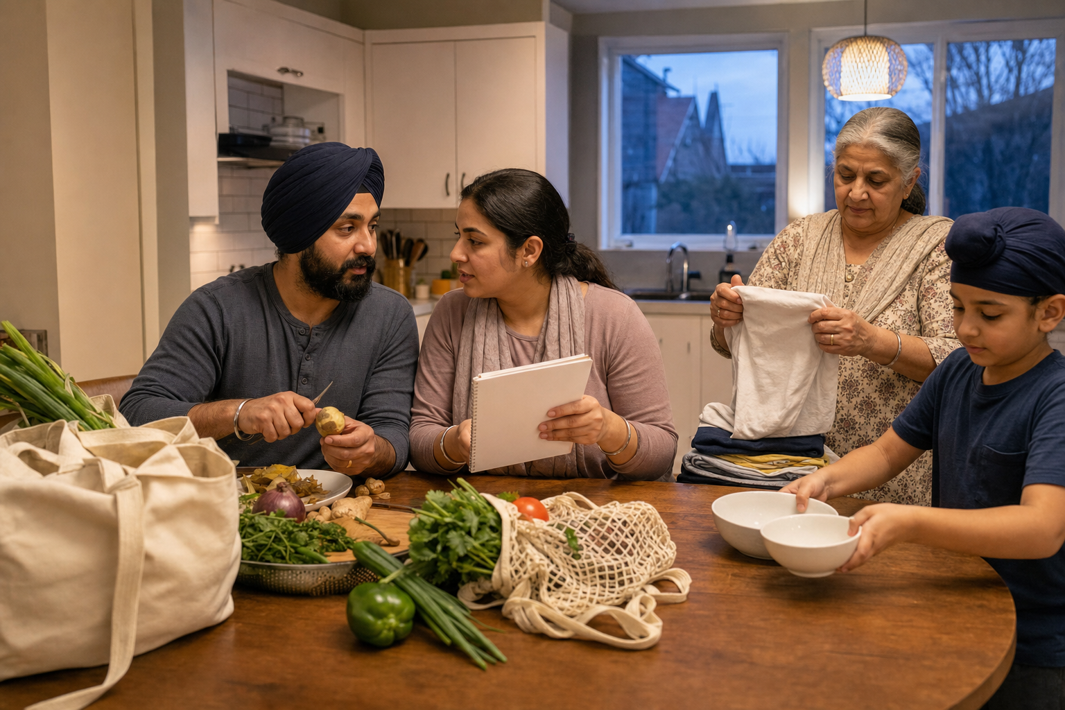 A Sikh couple discusses household expenses while preparing a meal with an older relative and a child nearby.