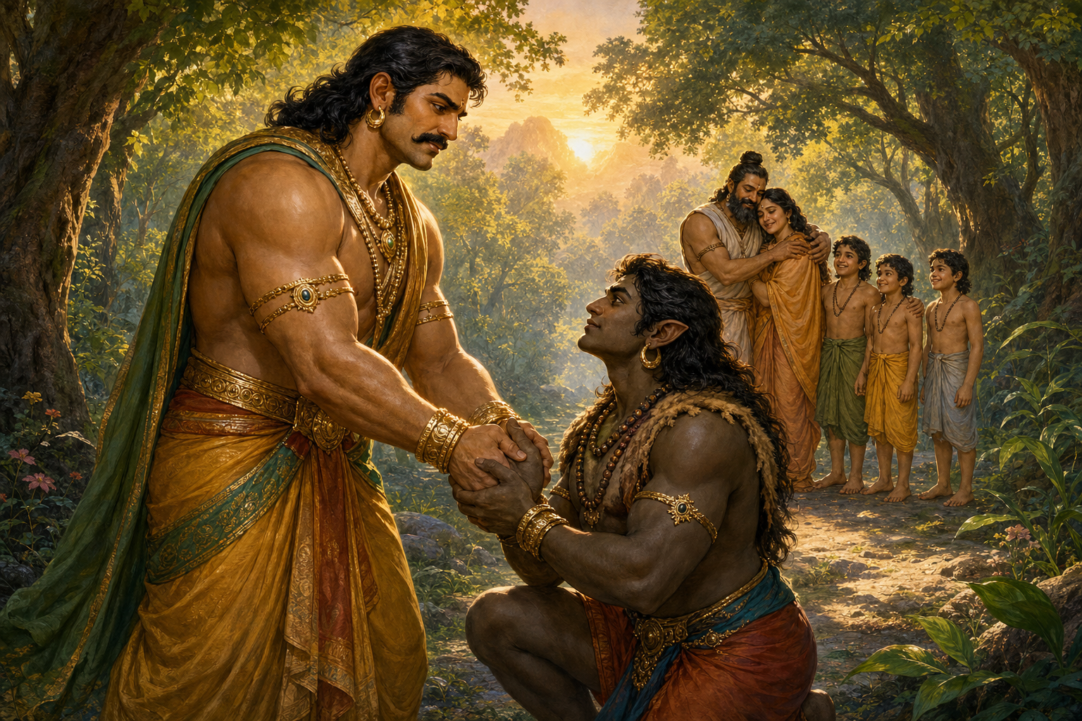 Bhima lifts the kneeling Ghatotkacha by the hand after their recognition while the reunited Brahmin family embraces nearby.
