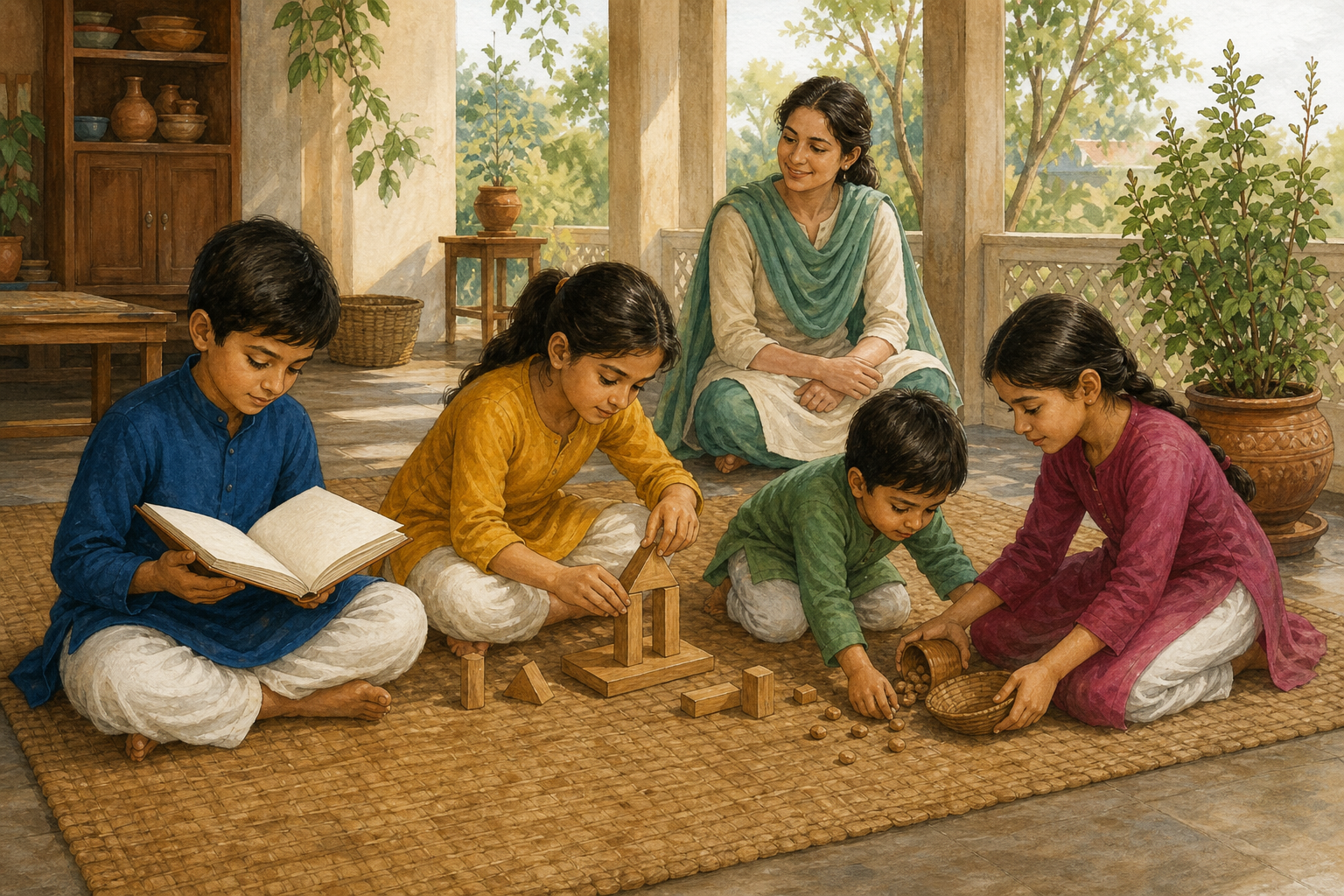 Four learners read, build with wooden pieces, help one another, and pause in reflection on an open classroom veranda.