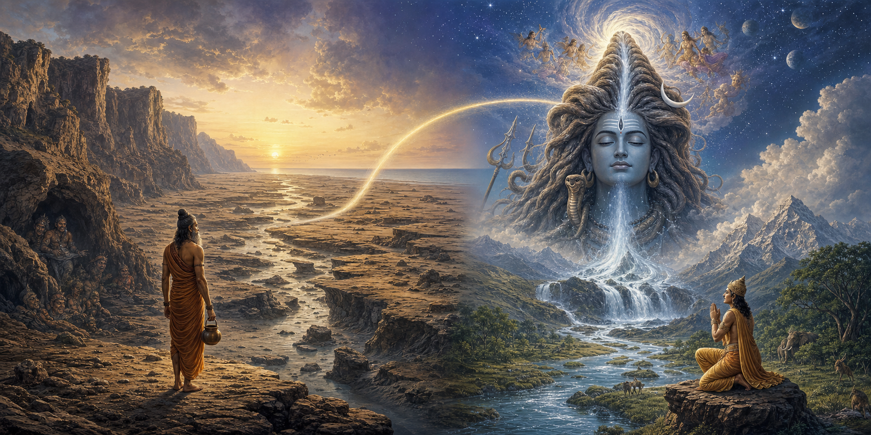 A symbolic diptych shows Agastya beside an emptied ocean on the left and Ganga descending through Shiva's matted hair toward the praying Bhagiratha on the right.