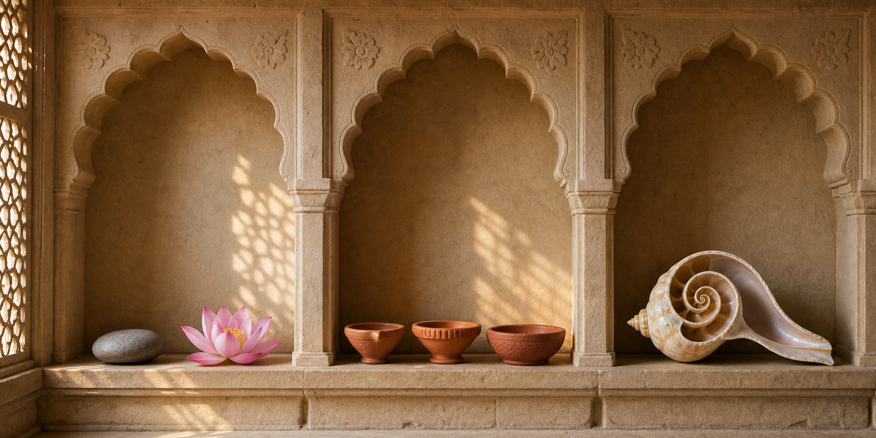 Three stone alcoves contain a river stone beside a lotus, three differently shaped earthen lamps, and one conch shell revealing its internal spiral.