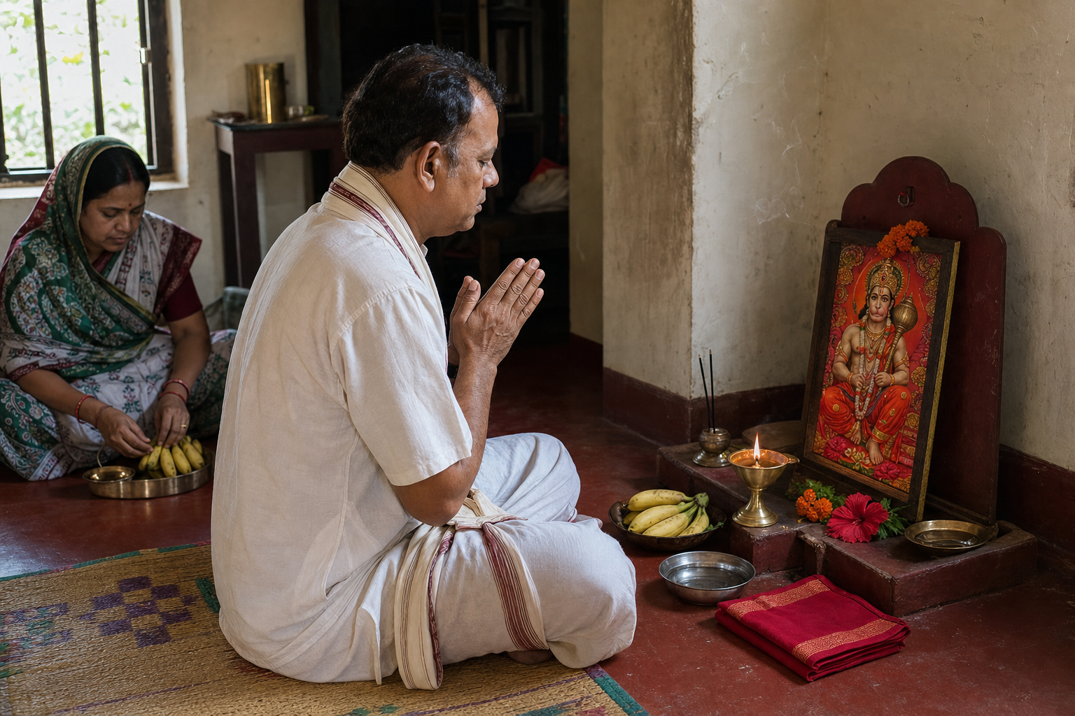An Odia worshipper prays before a modest Hanuman home shrine arranged with a lamp, water, fruit, flowers, incense, and red cloth.