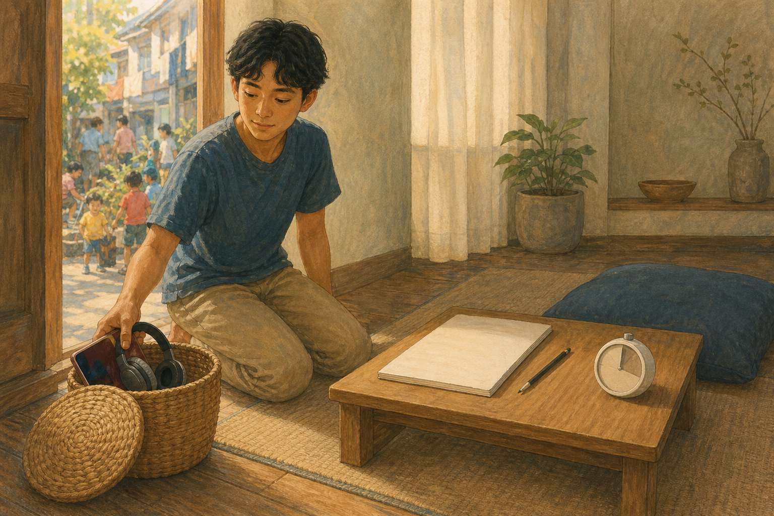 A young learner puts a phone and headphones into a woven basket before sitting at an uncluttered floor desk.