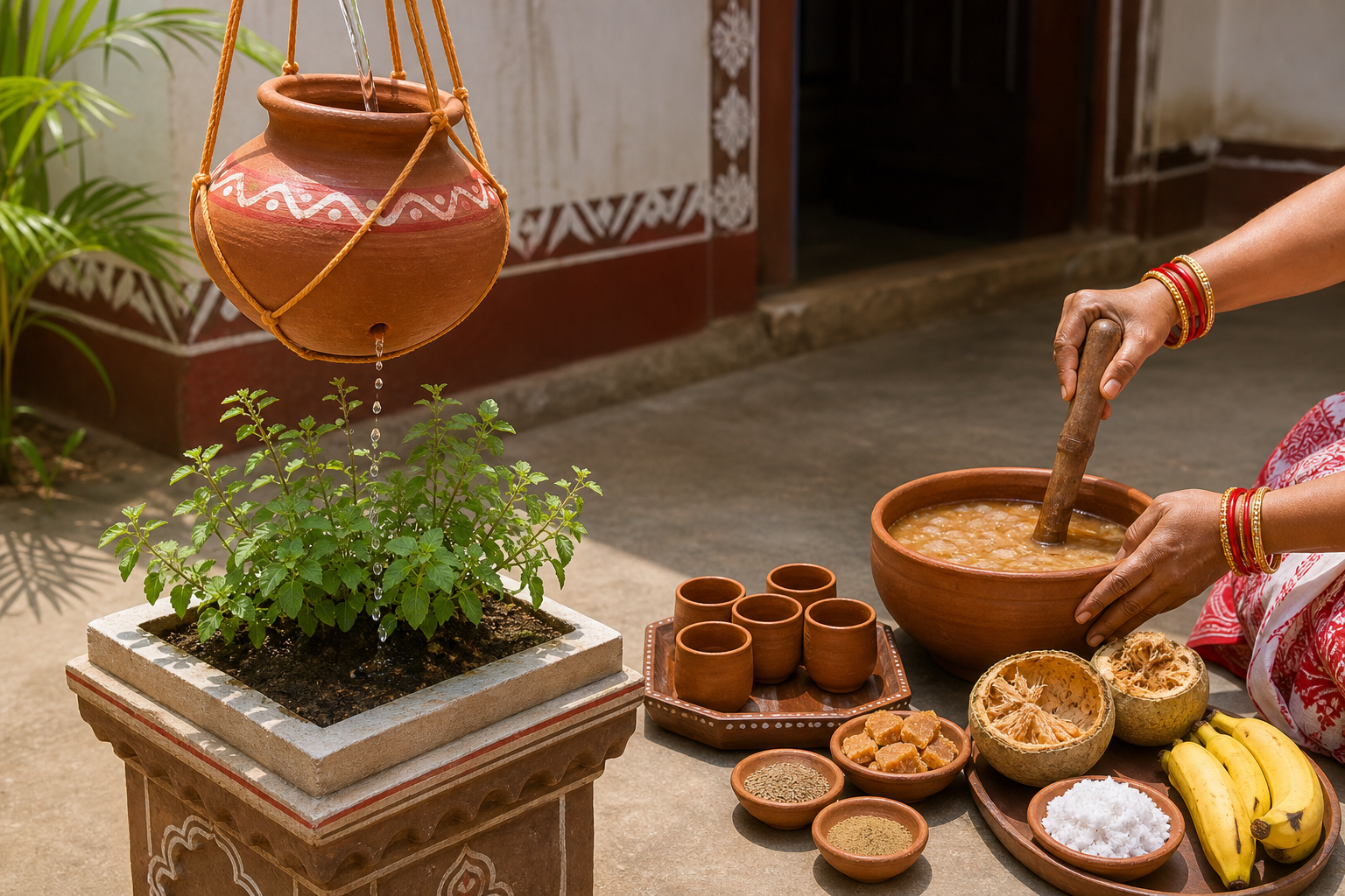 A perforated clay pot drips water over a tulsi plant while pana is prepared nearby with wood apple, banana, jaggery, coconut, and clay cups.