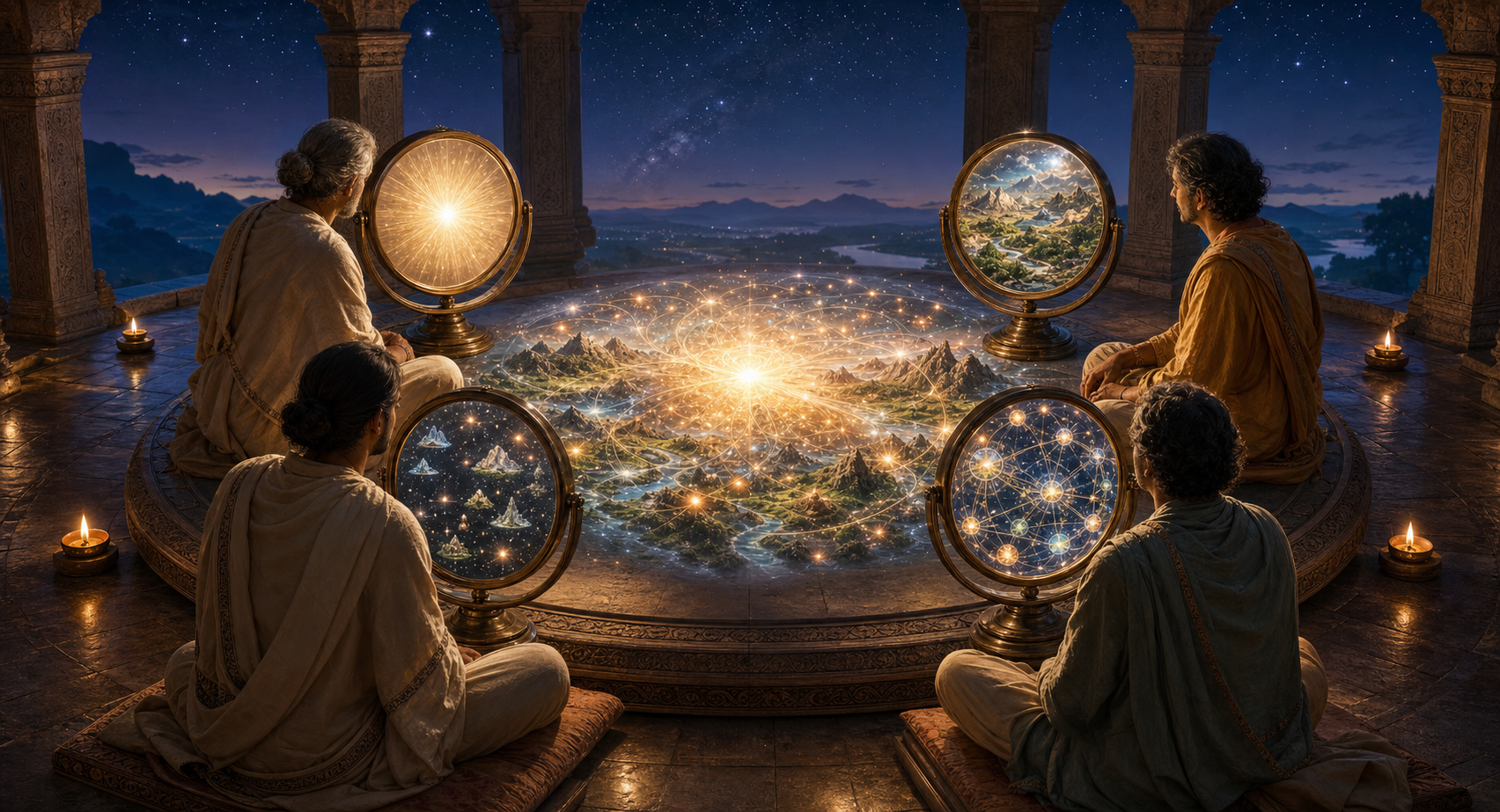 Four seated scholars view one luminous cosmic form through separate bronze frames in an open pillared hall at twilight.