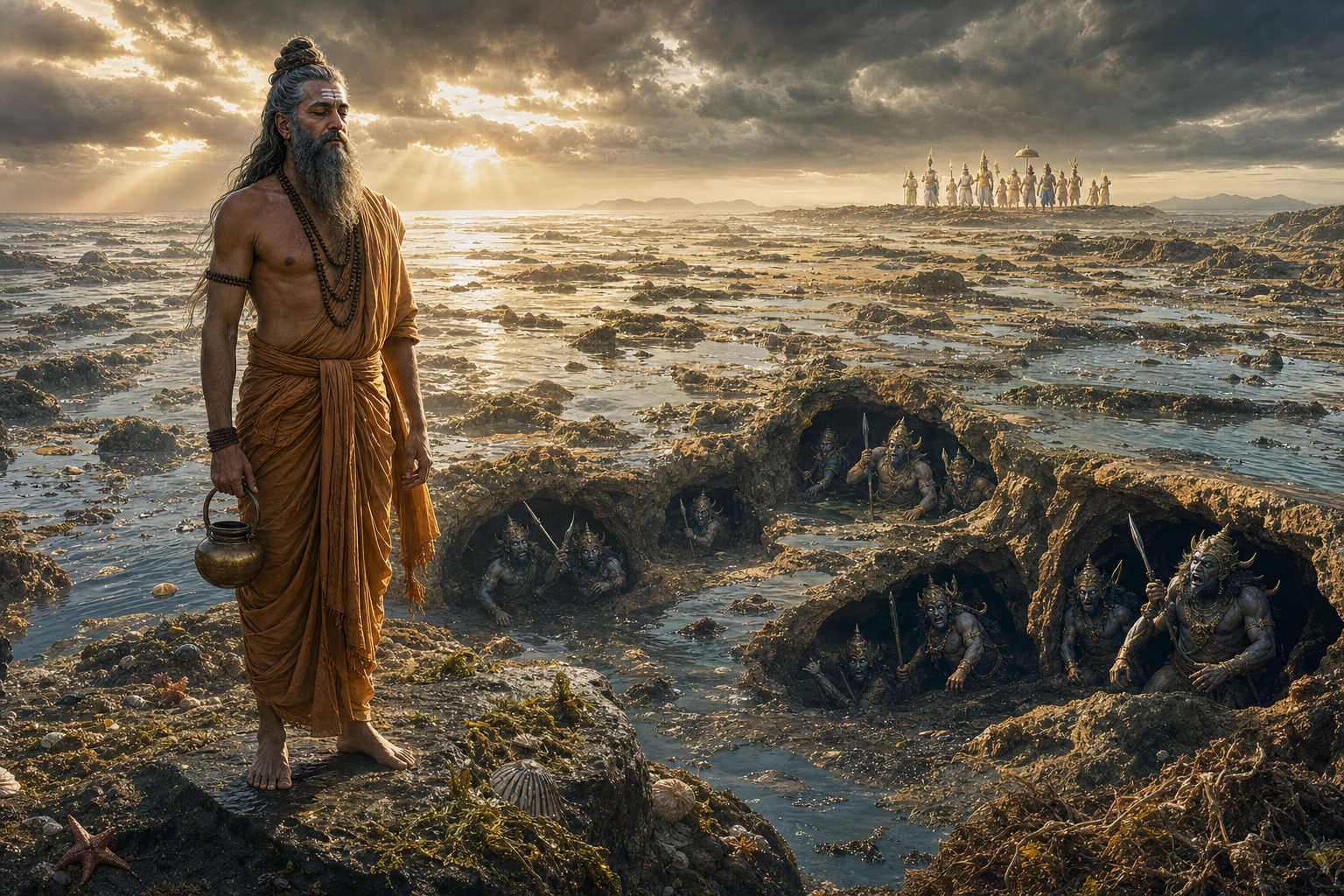 Agastya stands calmly at the edge of a withdrawn ocean as rocky caverns and concealed armed beings are revealed across the exposed seabed.