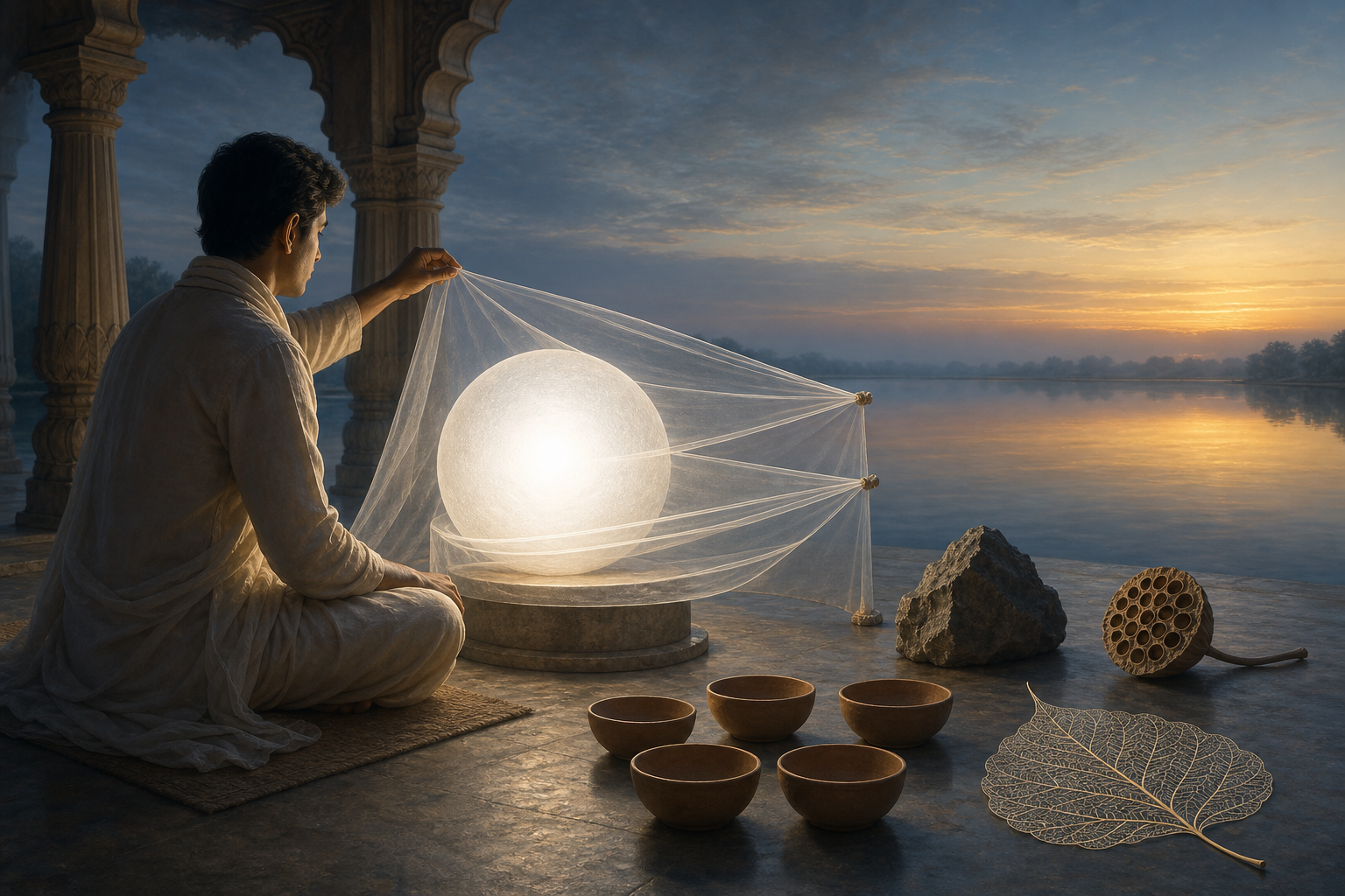A seated student draws aside translucent veils from a glowing stone sphere beside clay bowls, natural objects, and a many-veined leaf.