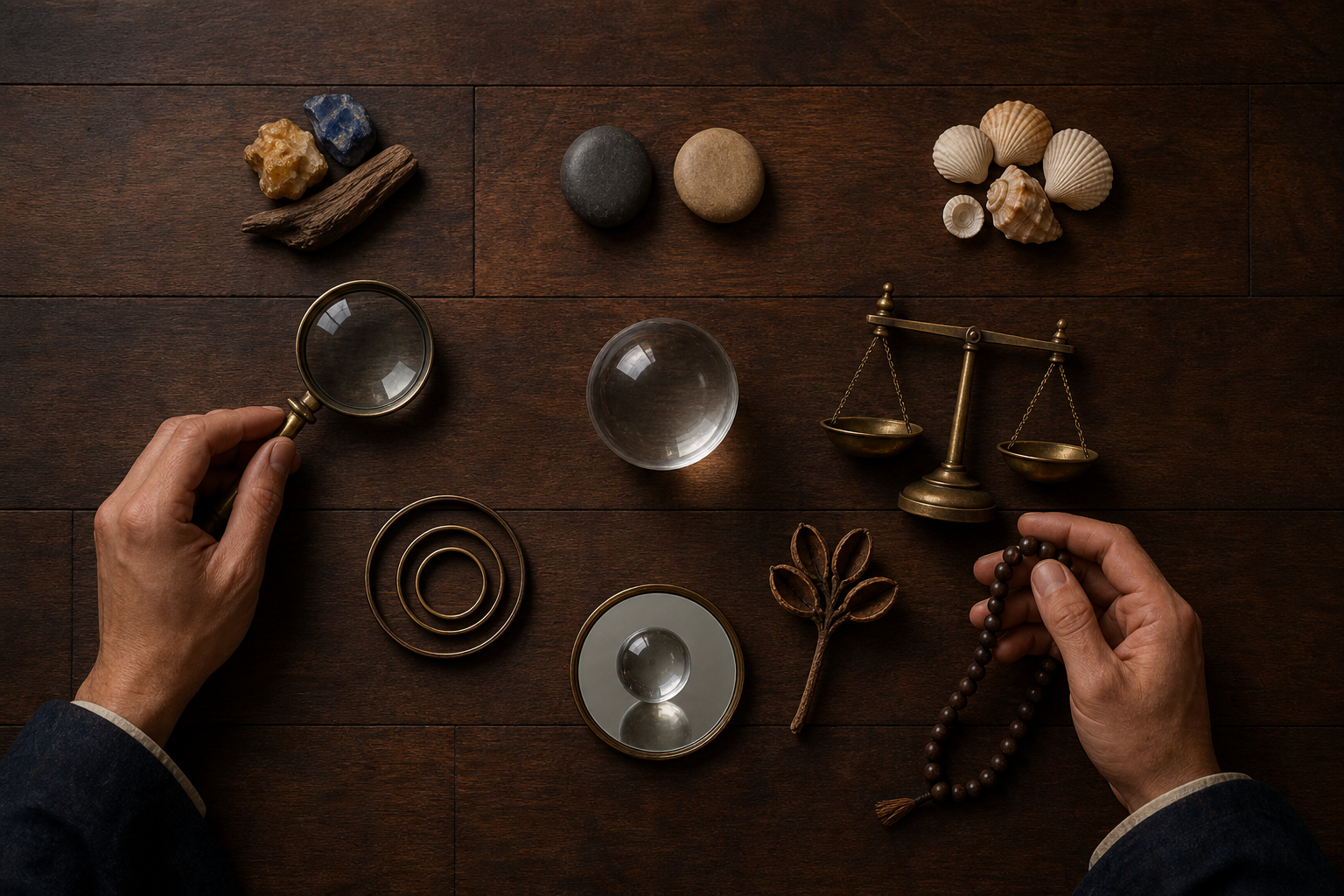 A scholar's hands use a lens beside a crystal sphere surrounded by six unmarked objects for observation, comparison, and reflection.