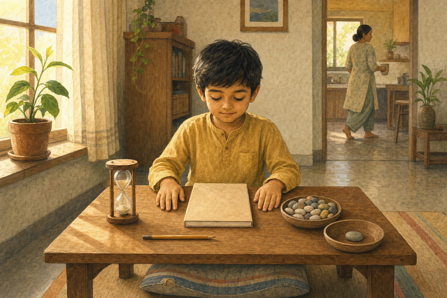 A child begins a daily quiet practice at a familiar desk and moves a pebble between two small bowls to mark the session.