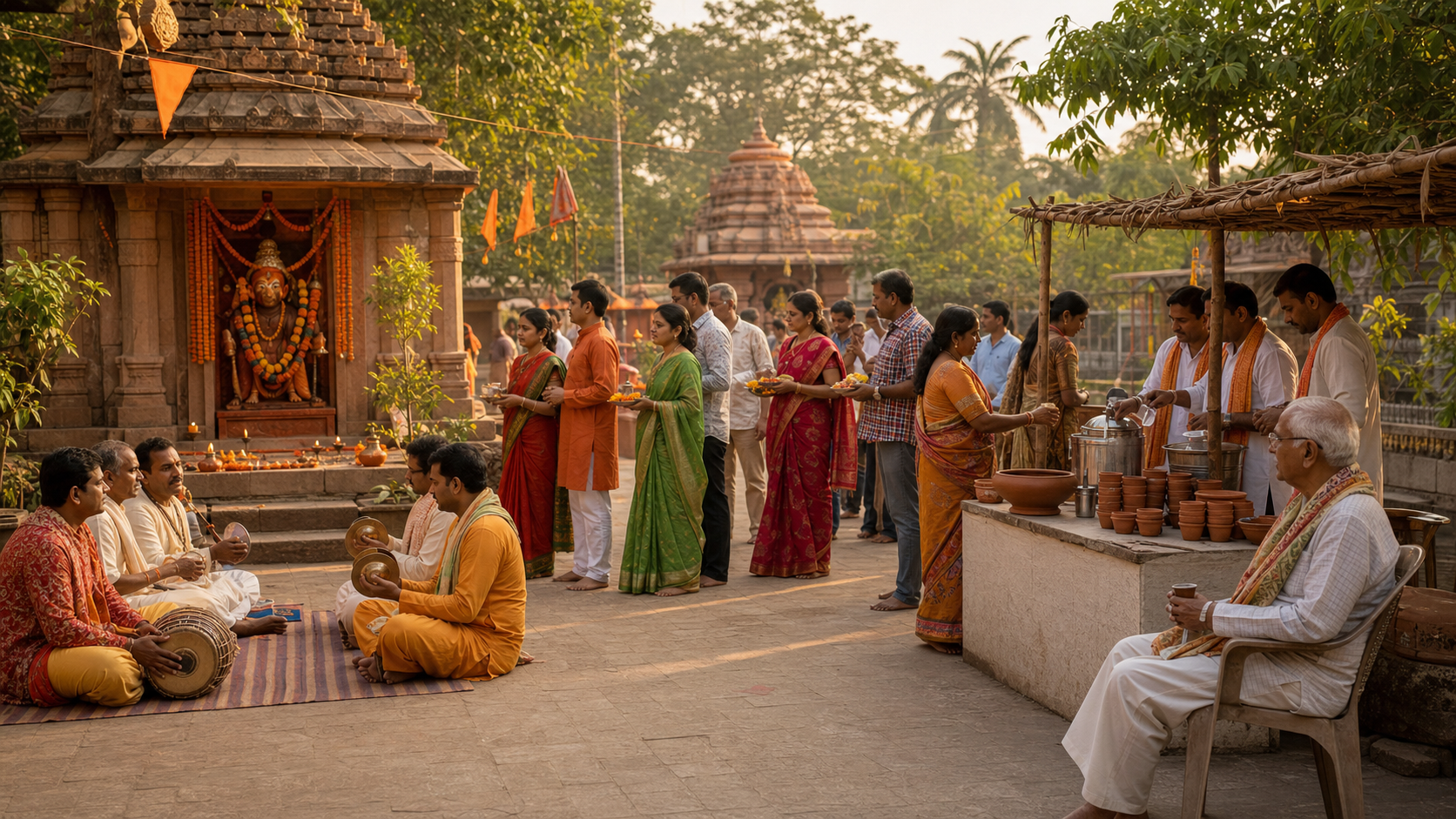 Devotees gather in an Odisha temple courtyard for music and flower offerings while volunteers serve pana and water in an orderly shaded area.