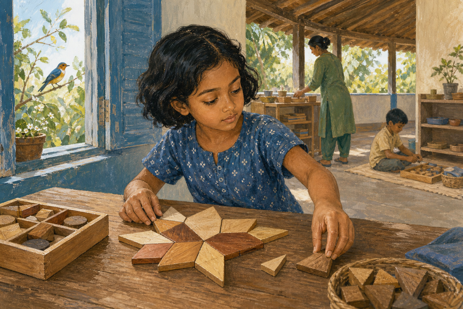 A learner turns away from a bird at the window and resumes a wooden pattern task while an adult remains in the background.
