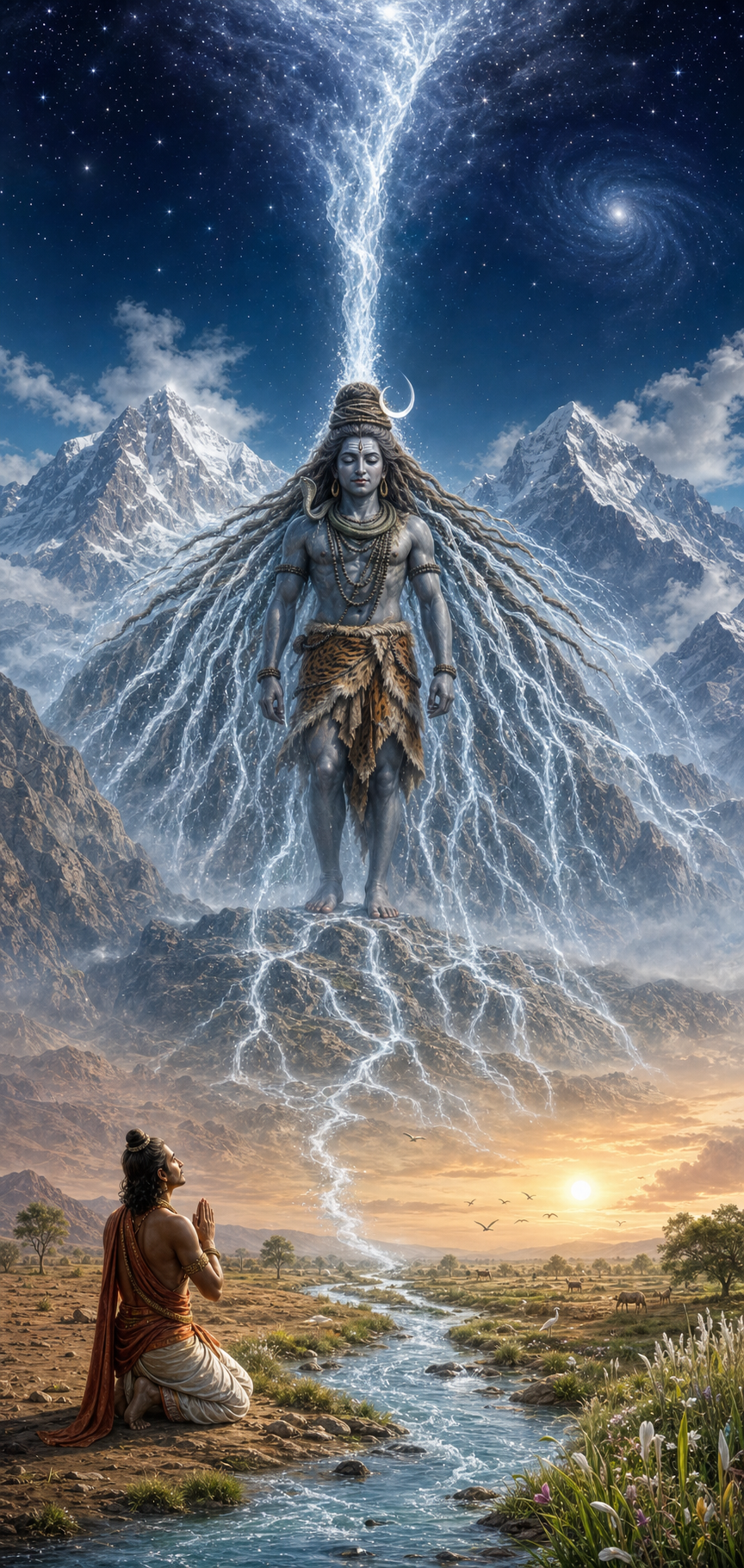 Ganga pours from the celestial sky into Shiva's matted hair and emerges as gentler streams flowing toward Bhagiratha and a reviving river plain.