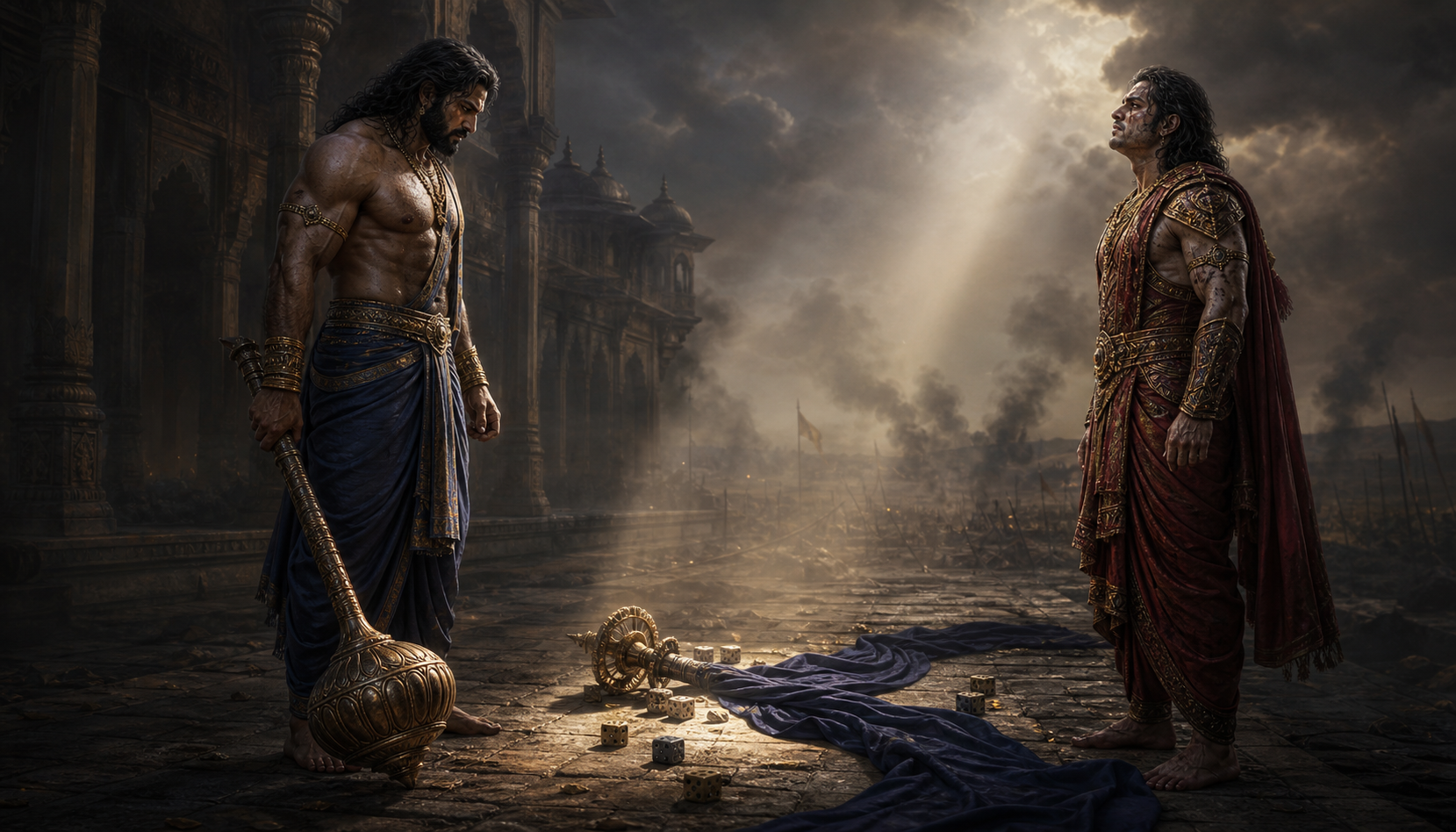 Bhima and Dushasana face each other on a battlefield while dice, a broken court ornament, and blue cloth lie in a beam of light between them.