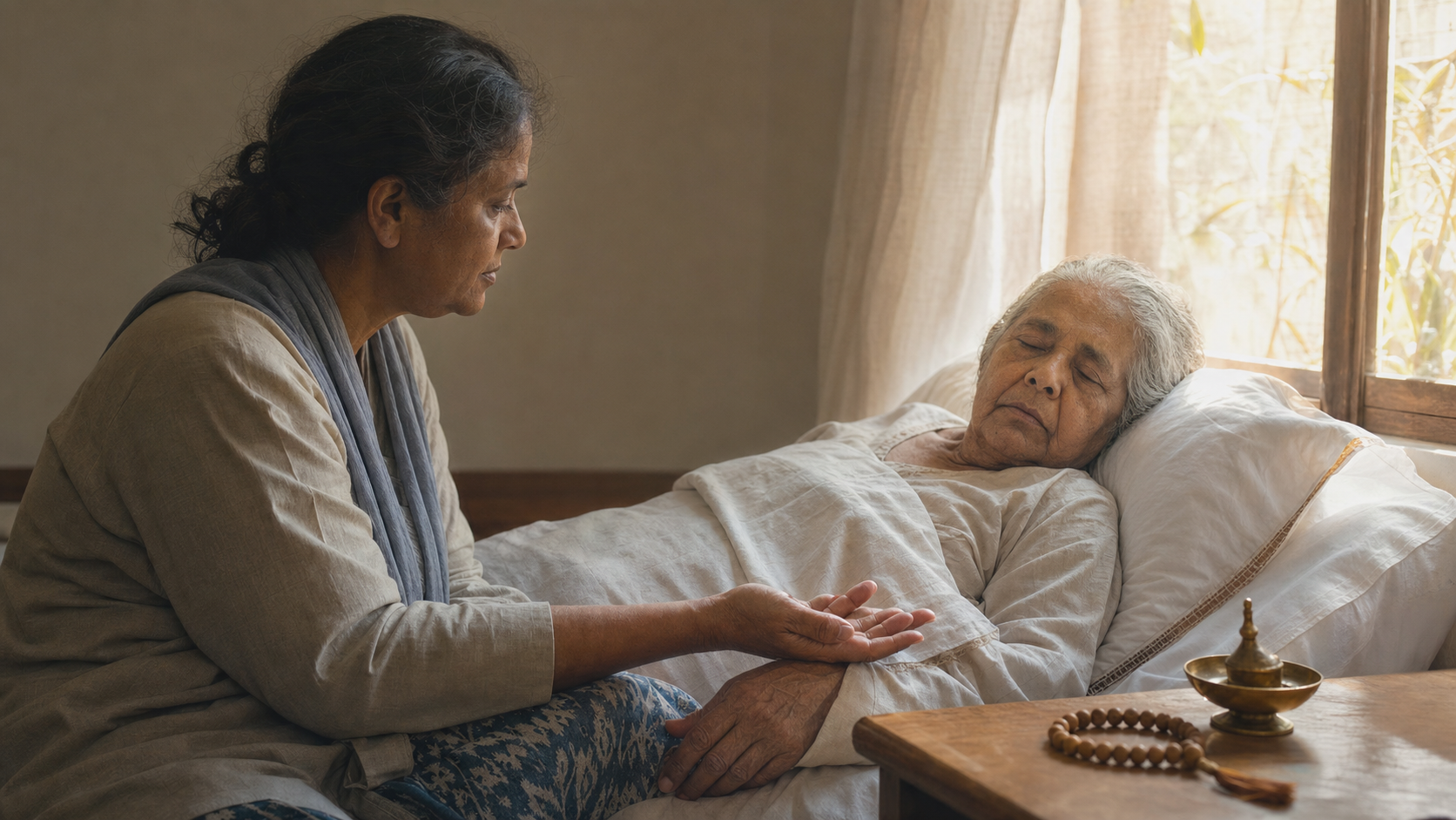 An older person rests in bed while a loved one sits quietly beside them in soft window light, with wooden prayer beads on a nearby table.