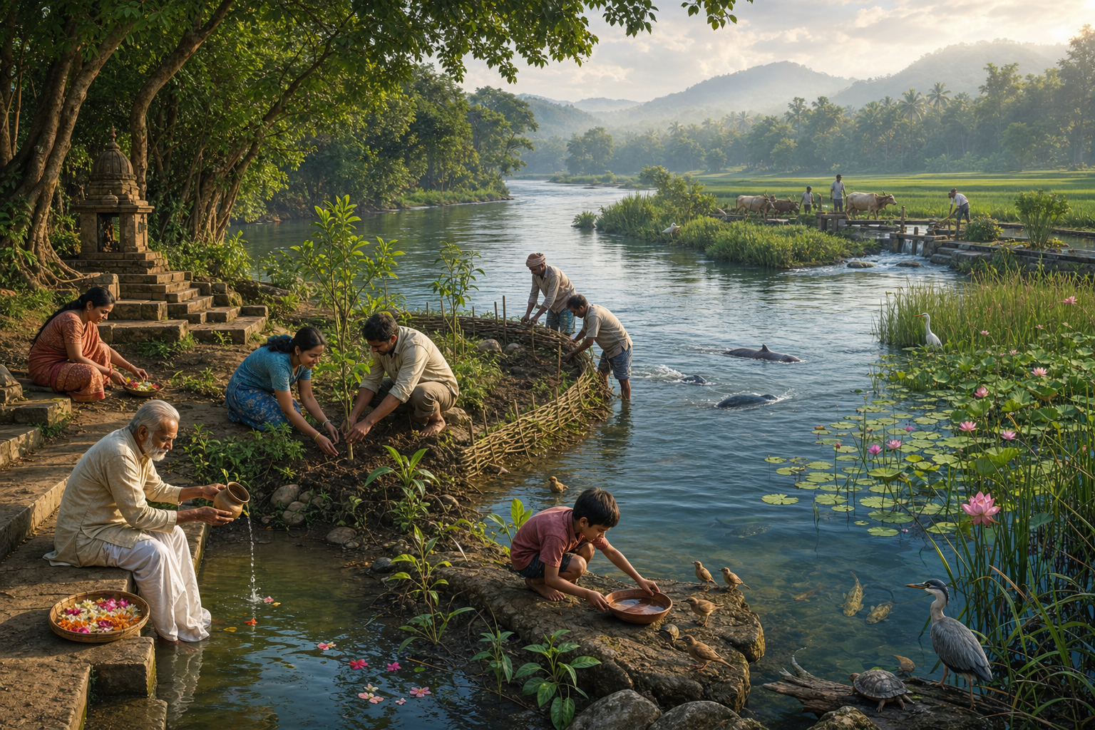 People plant riverbank vegetation, protect a wetland, tend water channels, and make a simple offering beside a clean river with birds and aquatic wildlife.