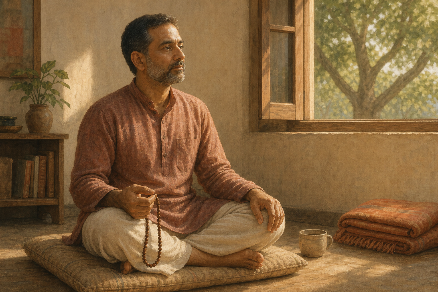 A seated adult practices quietly at dawn while holding wooden mala beads in a modest room with an open window.