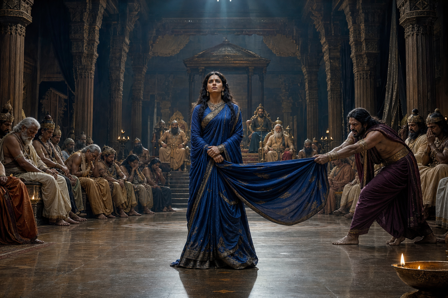 Draupadi stands fully clothed amid flowing blue fabric in the Kuru assembly while Dushasana pulls at the cloth and seated elders remain silent.