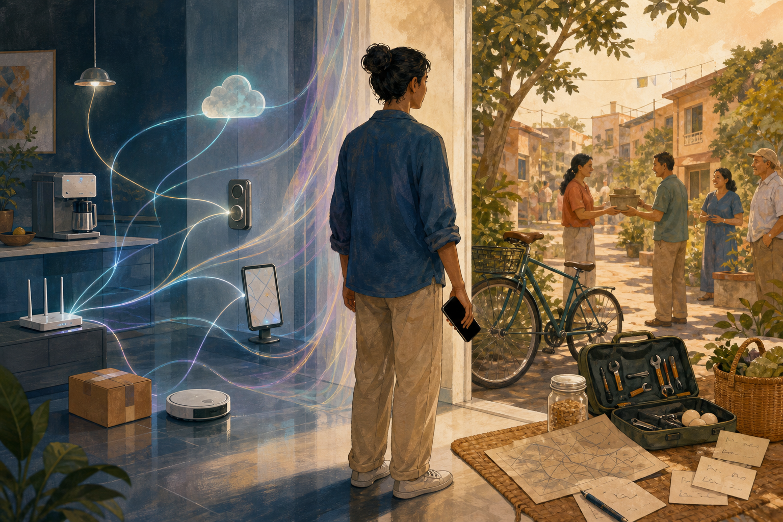 A person stands between a technology-filled apartment linked by glowing threads and a neighborhood scene with a map, tools, bicycle, food supplies, and helpful neighbors.