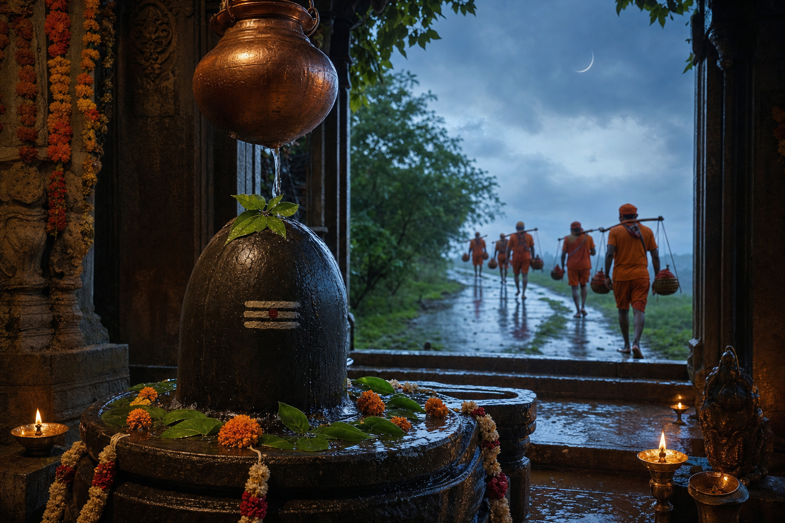 A Shiva lingam with water, bilva leaves and oil lamps stands before a rain-washed path where saffron-clad pilgrims carry bamboo yokes beneath a crescent moon.