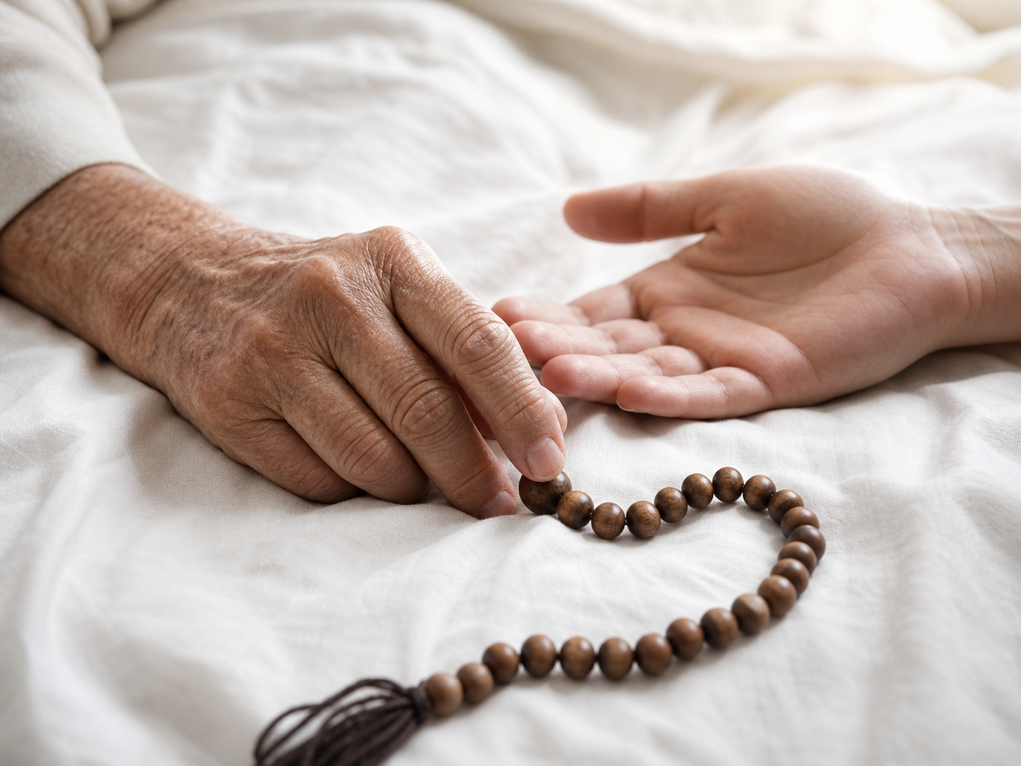 An older hand lightly touches a wooden prayer bead on a bedsheet while another open hand rests nearby.